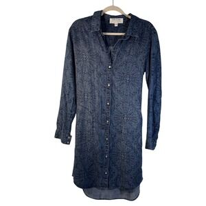 Cloth & Stone Anthropologie Blue Patterned Denim Shirt Dress Tie Waist Boho Sz S
